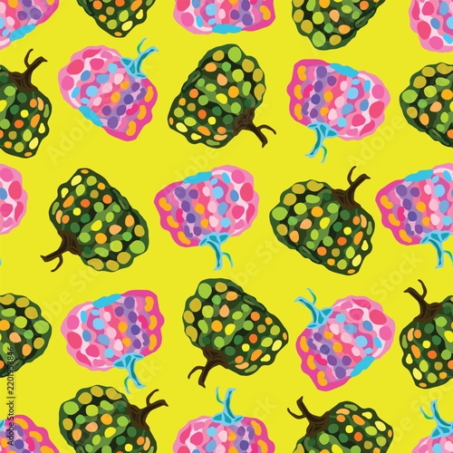 Pink and green textured pumpkins on a bright yellow background seamless pattern. This vibrant hand drawn design features a bold nontraditional color palette with playful texture detail throughout. 