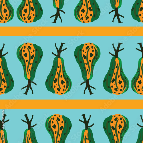 Yellow and green gourds with yellow stripe detail seamless pattern. This hand drawn design features a bright, playful color palette with bold striped texture throughout. 