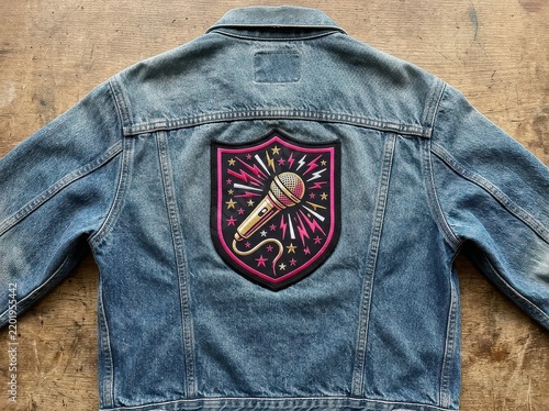 Denim Jacket with Microphone Patch and Bold Embroidery