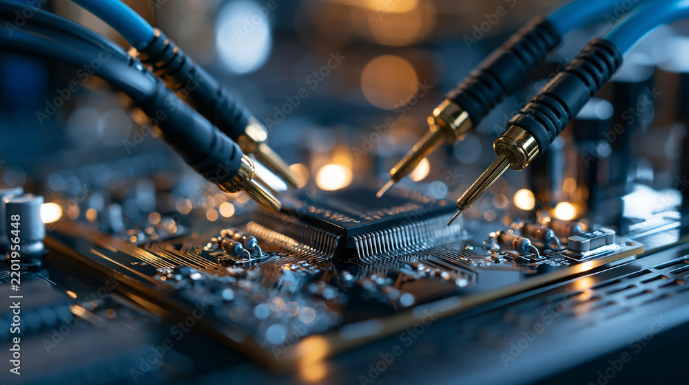 Fototapeta premium High frequency electronics concept close up of a circuit board connected to testing cables microchip component detail visible bright clean lab background soft even lighting