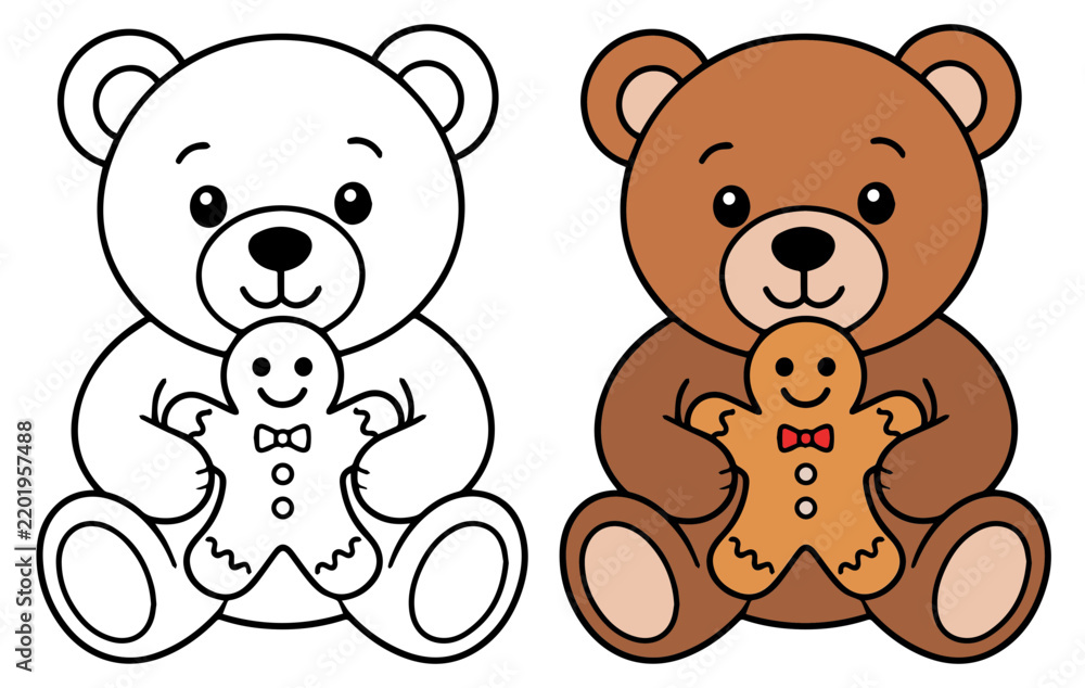 Obraz premium A cute teddy bear illustration holding a gingerbread man, presented in both a colored and outline version, perfect for crafting and design projects.