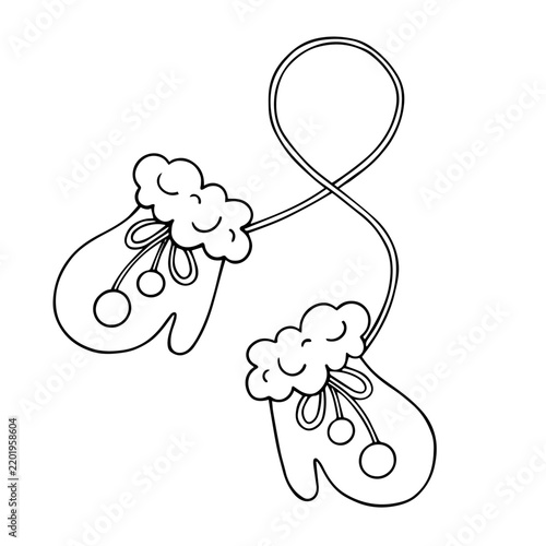 Line sketch of winter accessories: fur mittens. Vector graphics.