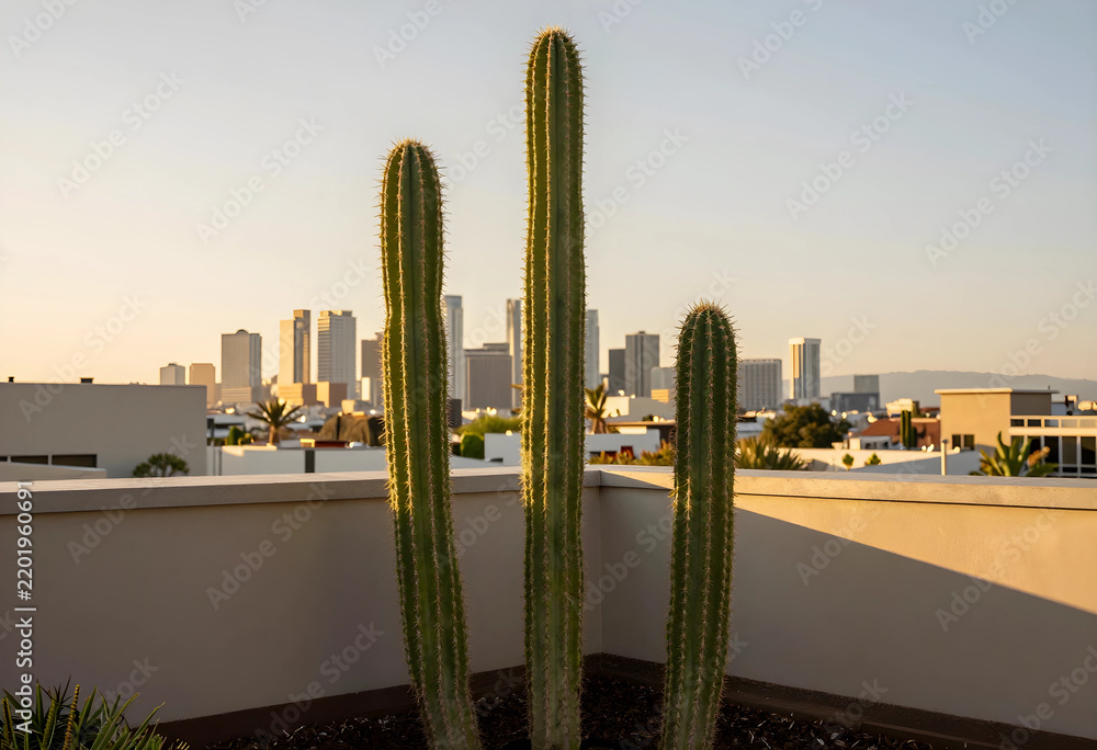 Fototapeta premium Urban living and desert lifestyle, tall cactus plants on a rooftop terrace overlooking a modern city skyline during golden hour sunset in summer