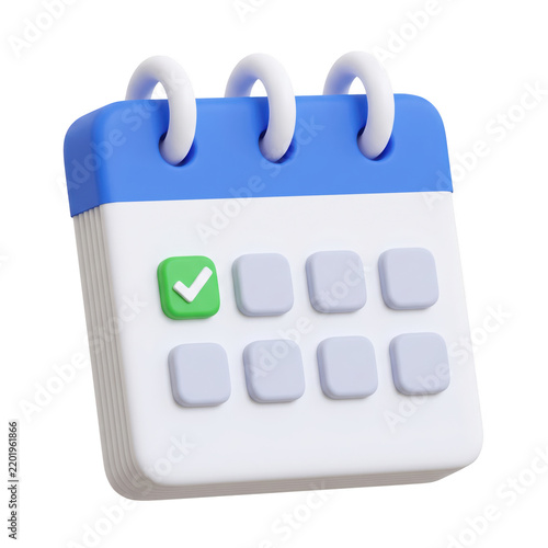 3d render of a blue spiral desk calendar icon with a green checkmark for scheduling tasks. isolated on transparent background, png
