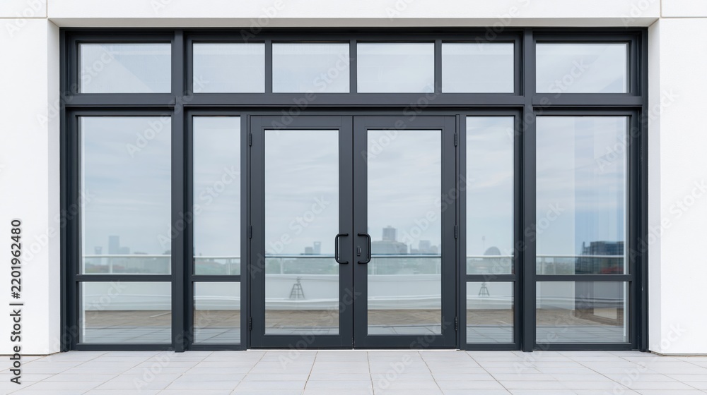 Fototapeta premium Modern commercial building entrance with double glass doors framed in black metal, reflecting city skyline through transparent panels