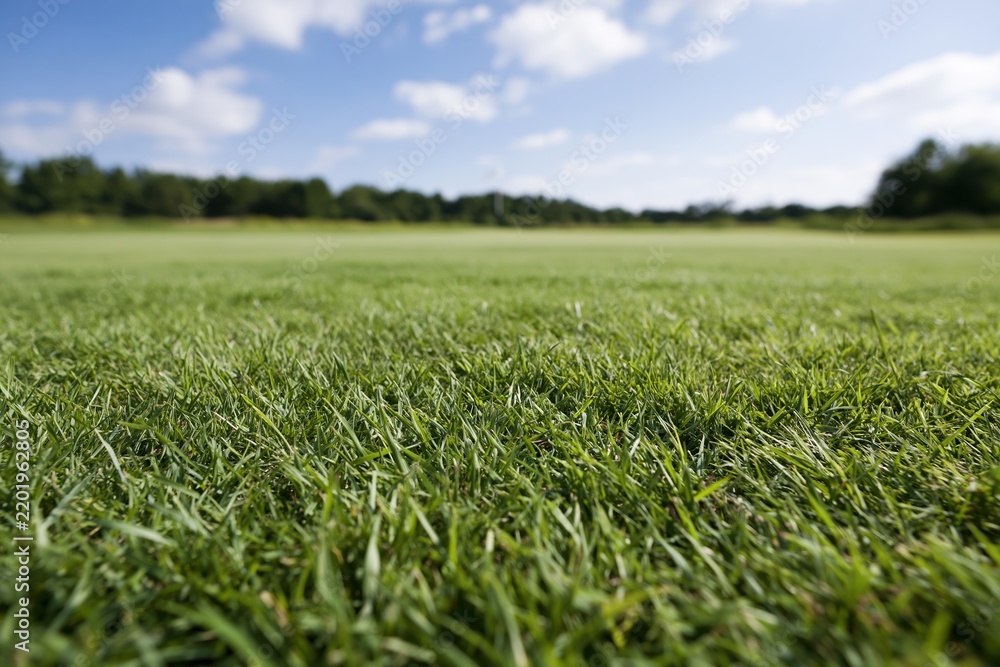 Fototapeta premium The Lush Green Grass Field Stretching Under a Bright Blue Sky