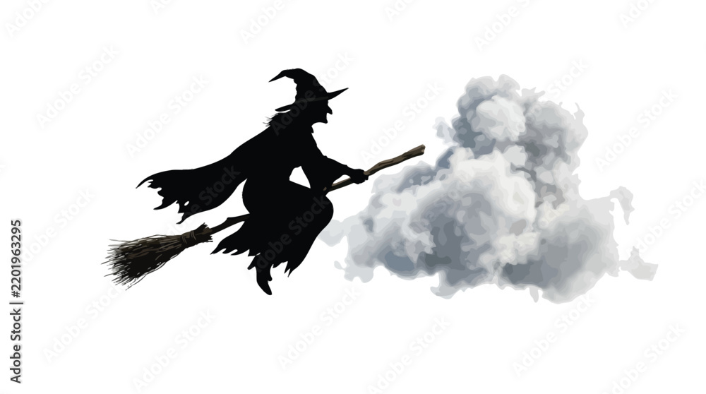 Fototapeta premium Wicked witch flying through the night sky on her magical wooden broomstick beside a large fluffy white isolated cumulus cloud