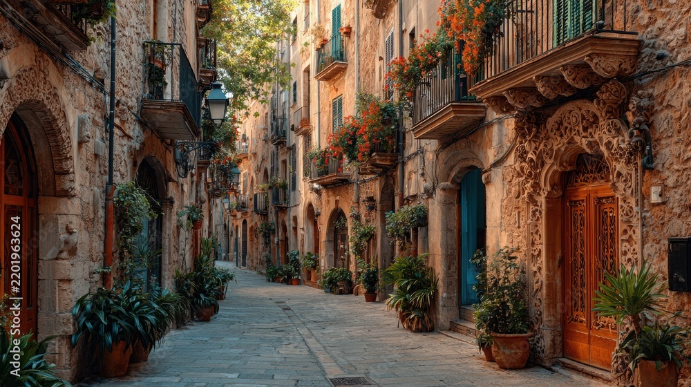 Fototapeta premium Narrow historic street lined with ornate carved stone facades, balconies, flower boxes, potted plants, and warm architectural details in a European old town setting