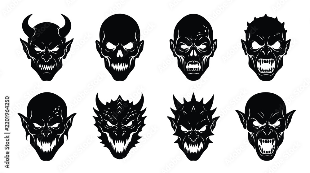 Fototapeta premium Scary monster faces showing various evil expressions and demonic features in clean black and white silhouette graphic illustration design style
