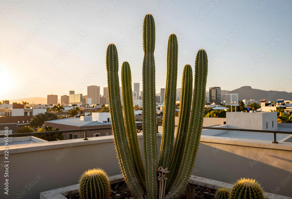 Fototapeta premium Urban sustainability and desert living, tall cactus plant on a rooftop terrace overlooking a city skyline at sunset with warm golden hour light