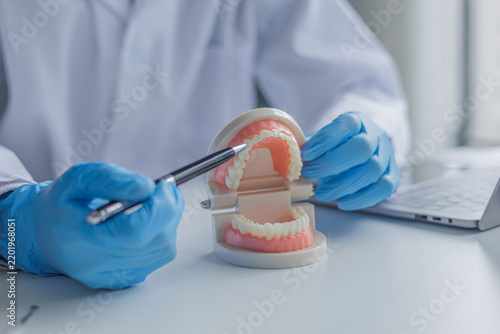A dentist explains the process using a physical denture model to show patients how the treatment is planned