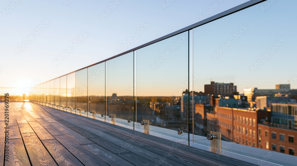 Fototapeta premium Glass panel railing along a wooden rooftop terrace overlooking city skyline at sunset