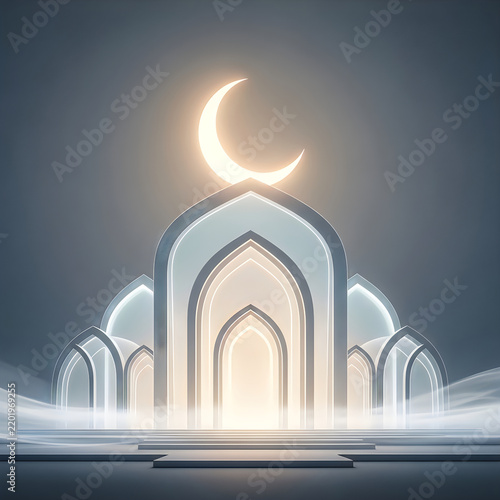 Mosque building silhouette with a glowing crescent moon