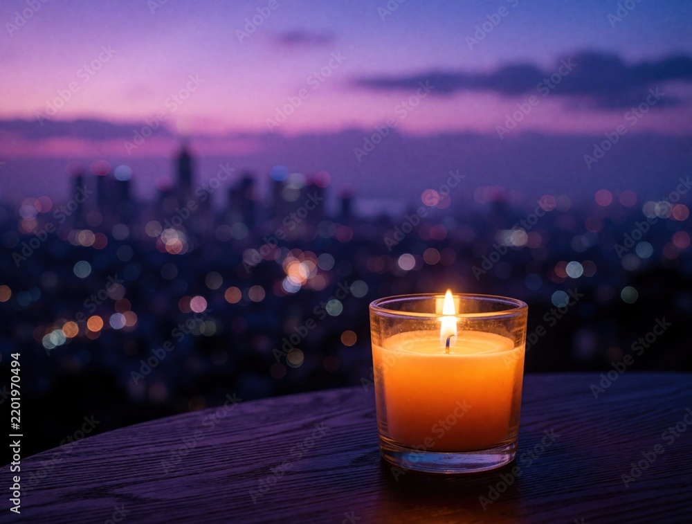 Fototapeta premium Burning orange candle in glass holder sits on dark wooden table. Warm flame glows against blurred violet twilight cityscape. Romantic night view of urban skyline with bokeh lights under purple sky.