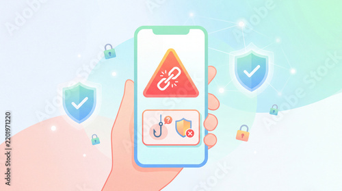 Spam link warning concept, smartphone screen with alert triangle and broken chain icon, unsafe website notification symbol, online security shield accents, bright clean minimal background, s