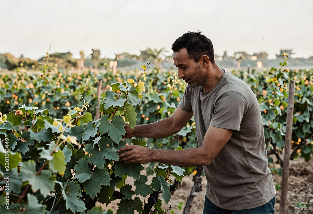 Obraz premium Sustainable agriculture and viticulture, farmer inspecting grape vines in a vineyard for harvest preparation and organic wine production in summer