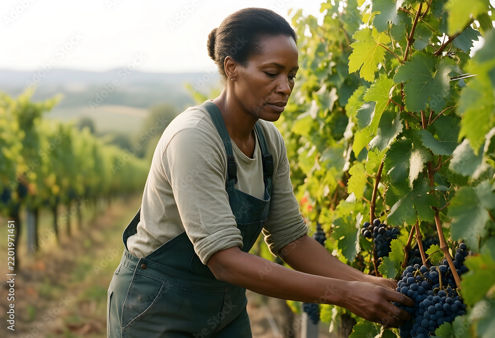 Obraz premium Sustainable viticulture and organic farming, mature woman harvesting ripe grapes in a vineyard during autumn harvest season for wine production industry