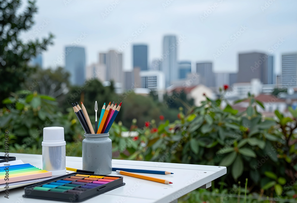 Fototapeta premium Creativity and urban inspiration, artist supplies with colored pencils and watercolor paints on a table overlooking a blurred city skyline at dusk