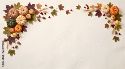 Autumn harvest corner border with pumpkins and colorful maple leaves for fall season design