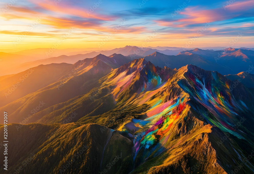 Obraz premium Sustainability and environmental conservation, colorful mountain range at sunset with vibrant light and surreal landscape for climate change awareness