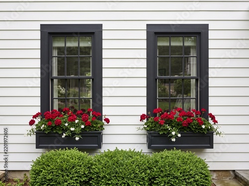 Window boxes with red geraniums on white horizontal house siding featuring black framed glass window panes