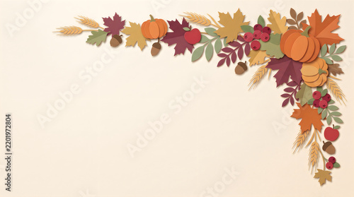 Autumn harvest corner frame with orange pumpkins and colorful maple leaves