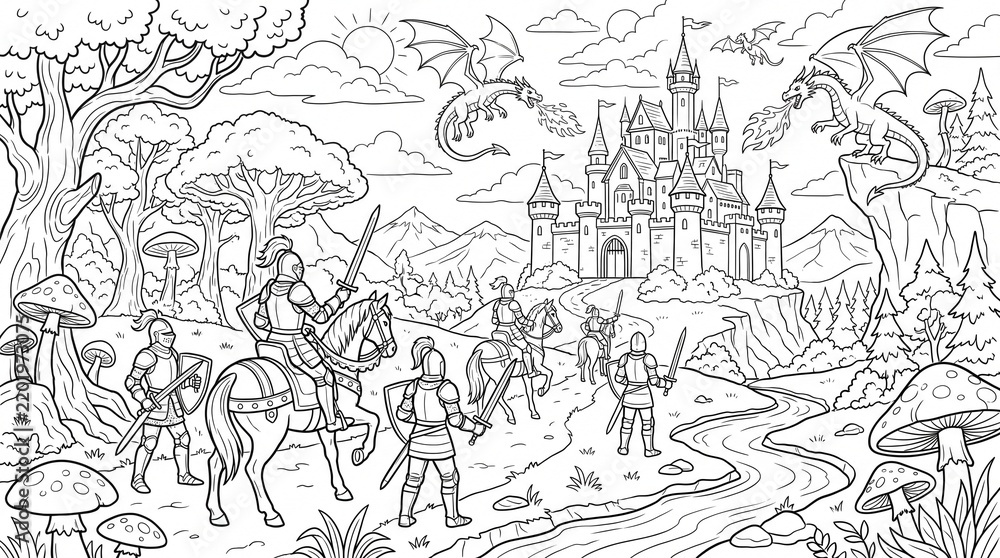 Obraz premium Fantasy Art Concepts, A magical kingdom with knights, a castle, and fierce dragons awaits adventure