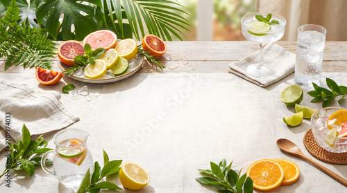 Fresh citrus fruit slices and drinks on a bright summer table with tropical palm leaves