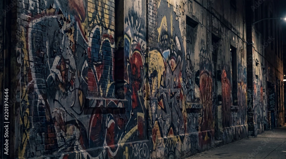 Fototapeta premium Urban Art Expression, A vibrant display of abstract street art against a dark urban graffiti backdrop
