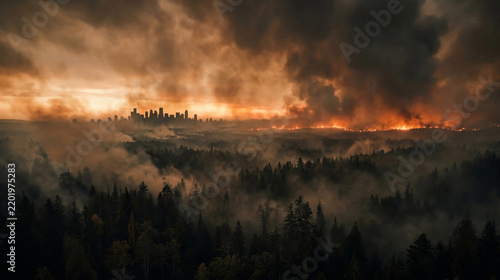 Aerial forest and city silhouette under wildfire smoke inversion, with amber sunlight, ember glow, hazy treetops, and severe air pollution.
