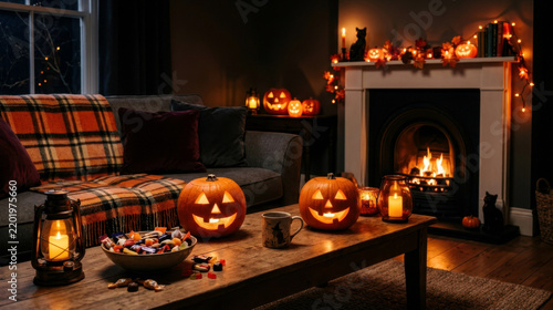 Cozy halloween living room with carved pumpkins, lanterns, string lights, plaid throw, velvet cushions, and candy bowl with copy space.