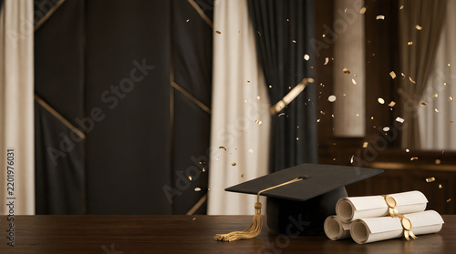 Modern office meeting room interior with a large black table and floating confetti paper