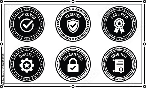 Vintage black quality seal collection, set of 6 certified and verified stamp vectors, retro guaranteed and approved badge icons for product trust