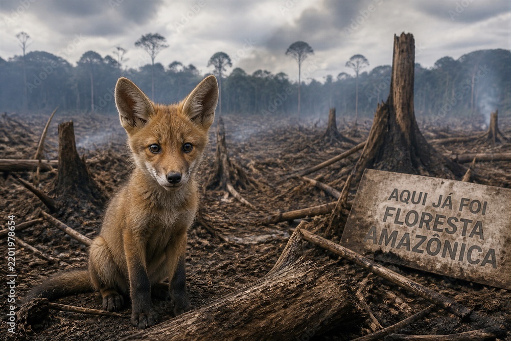 Obraz premium Fox pup sitting among burnt stumps in deforested landscape