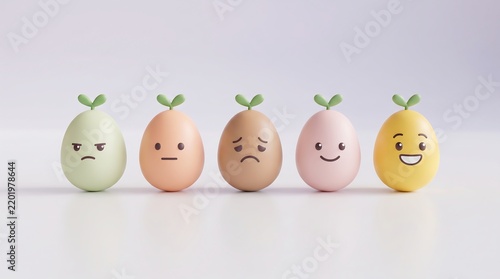 Five colorful eggs with different funny cartoon faces and small green sprouts on top isolated on white background