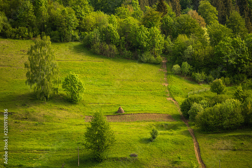 Rural meadow with haystack and winding dirt path