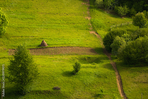 Rural meadow with haystack and winding dirt path