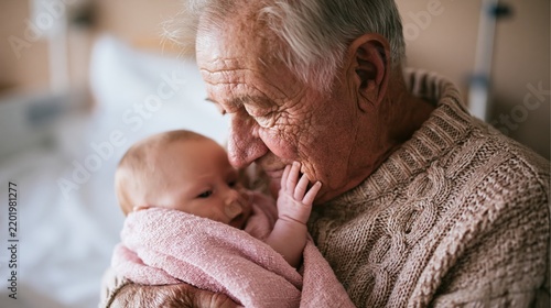 An elderly woman cradles a newborn baby close to her face. Tiny hand gently touches her wrinkled cheek. Intergenerational family love and caregiving closely connect two generations