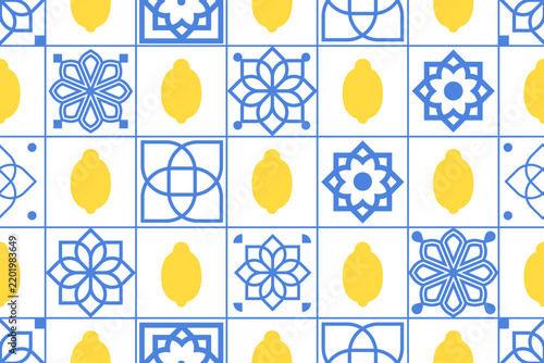 Mediterranean seamless pattern. Blue majolica tiles and yellow lemons. Sicilian traditional print. Blue azulejo. Mediterranean citrus pattern