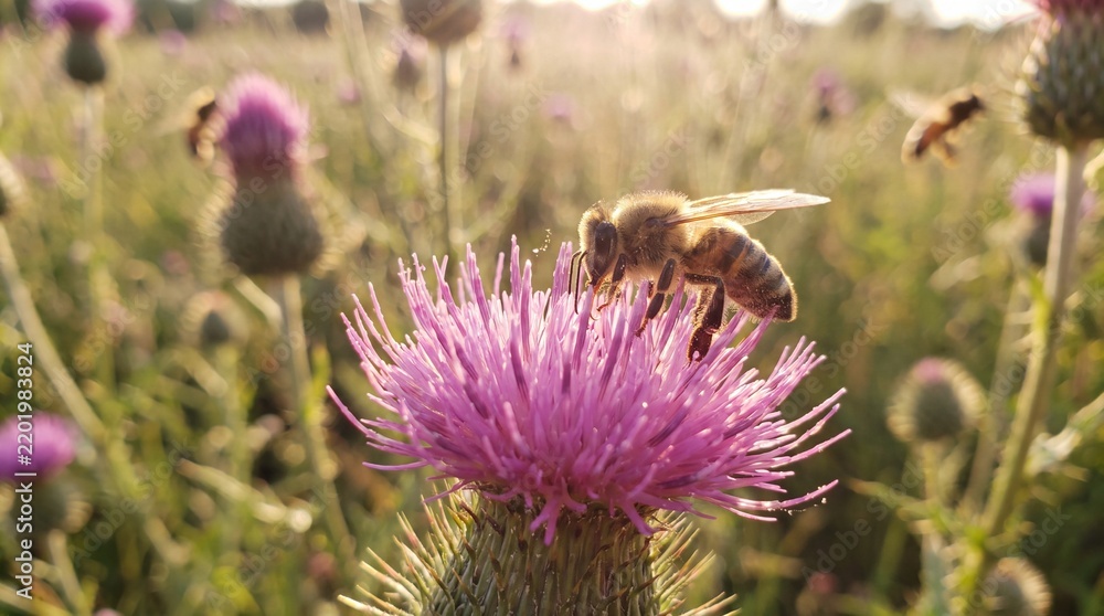 Obraz premium Honeybee on Blooming Milk Thistle Flower Pollinating in a Sunlit Summer Field for Natural Wellness Concepts
