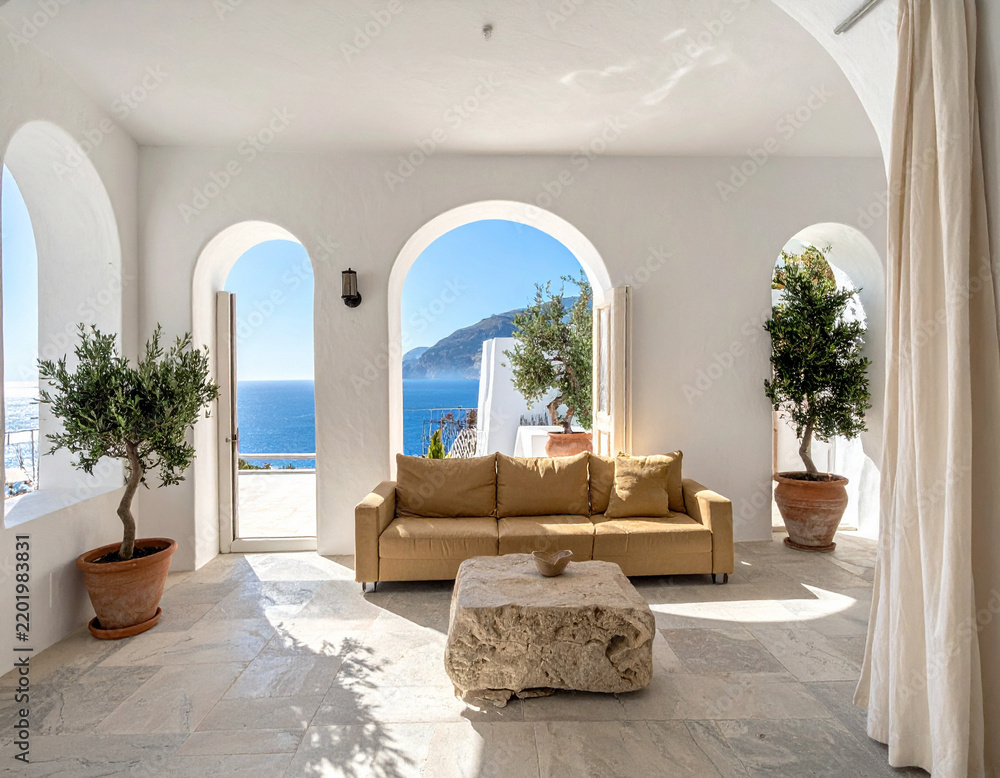 Fototapeta premium A serene Mediterranean lounge with arched doorways overlooking the blue sea. This interior captures pure relaxation, luxury, and coastal tranquility, featuring nobody in this minimalist villa.