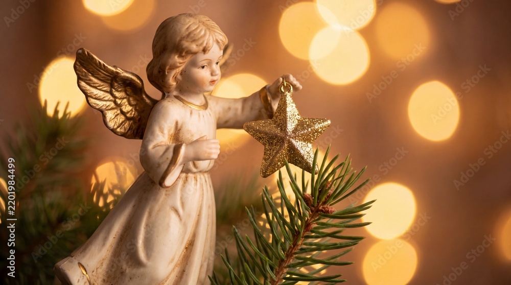 Fototapeta premium Christmas Angel Figurine Placing Golden Star on Tree Top for Holiday Card and Seasonal Marketing Background