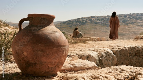 Samaritan Woman Leaving the Well, Jesus Watching, Biblical Landscape with Terracotta Water Jar