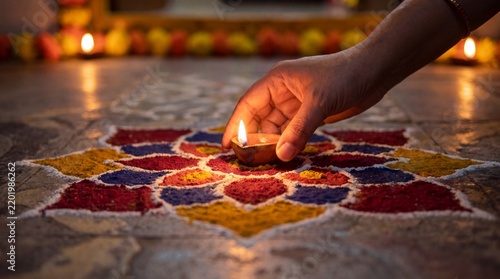 Lit Clay Diya Placed on Colorful Rangoli Art Outside Home Entrance for Diwali Festive Marketing