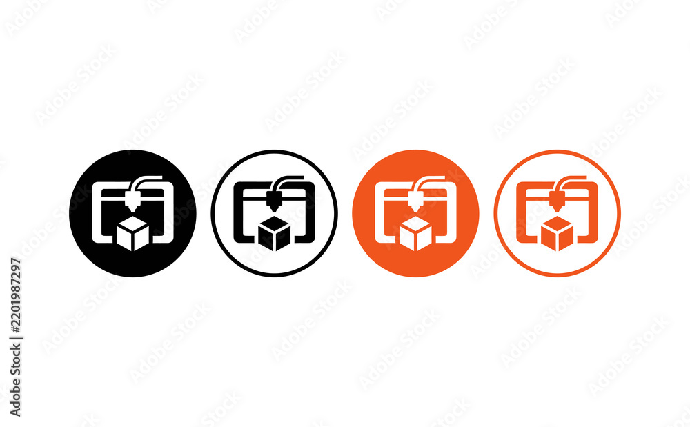 Fototapeta premium Modern three dimensional printer logo icon variations featuring black and orange colors