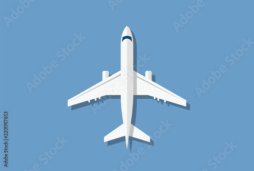 Minimalist top view illustration of a white passenger airplane flying high against a solid sky blue background.