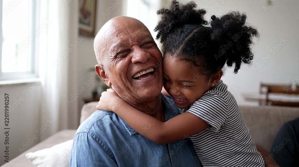 Fototapeta premium grandfather granddaughter family hug laughter home affection child senior joy a laughing grandfather and granddaughter share a tender embrace near a sunny window for loving family stories
