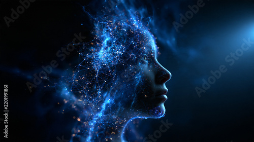 AI Face Profile with Glowing Neural Network and Digital Consciousness