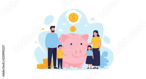 Happy loving family with two young children standing next to a giant pink piggy bank saving dollar money coins.
