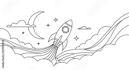 Detailed rocket ship launching into outer space with crescent moon and stars coloring page in simple black line art style.